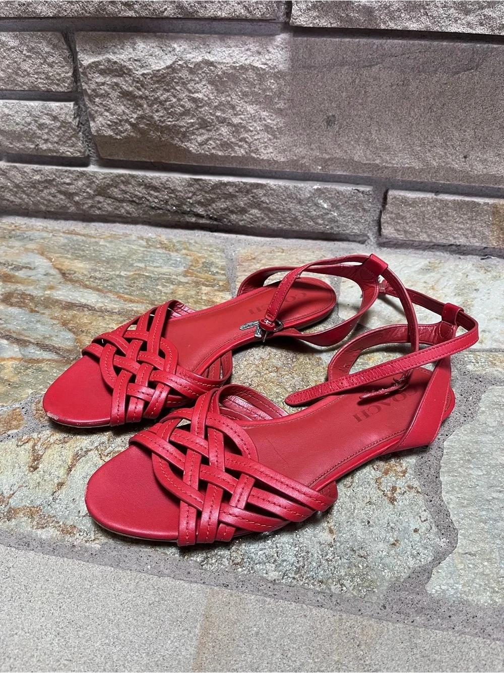 Coach red leather braided ankle strap sandals 8.5